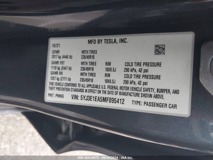 2021 Tesla Model 3 Standard Range Plus Rear-Wheel Drive VIN: 5YJ3E1EA5MF095412 Lot: 40414075