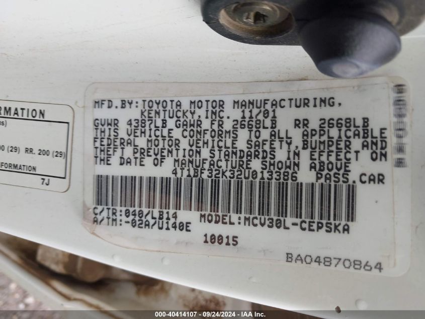 4T1BF32K32U013386 2002 Toyota Camry Se V6