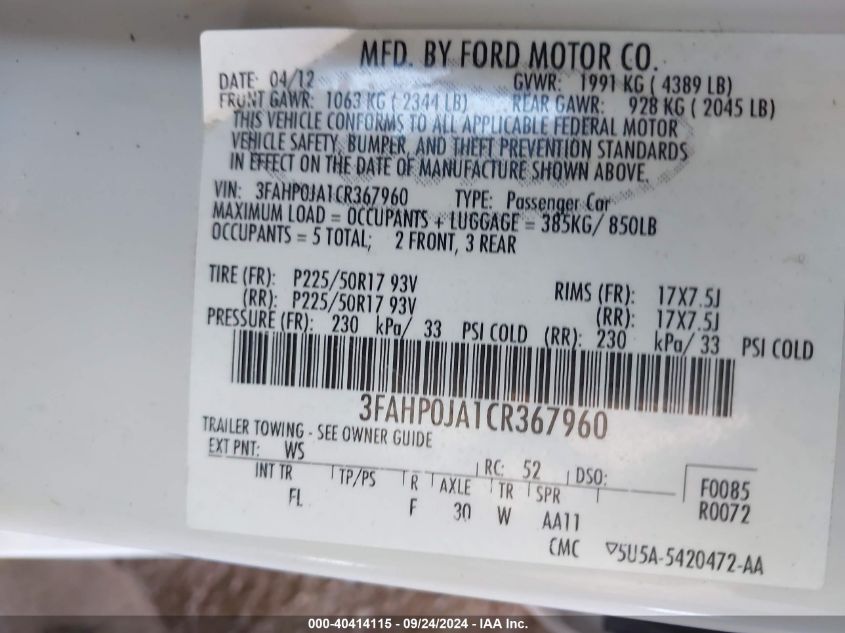 2012 Ford Fusion Sel VIN: 3FAHP0JA1CR367960 Lot: 40414115