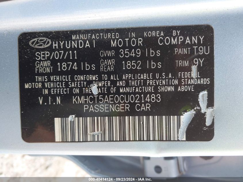 KMHCT5AE0CU021483 2012 Hyundai Accent Gls/Gs