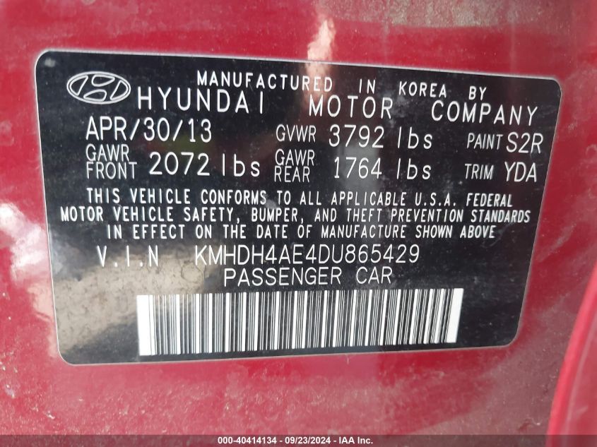 2013 Hyundai Elantra Gls VIN: KMHDH4AE4DU865429 Lot: 40414134