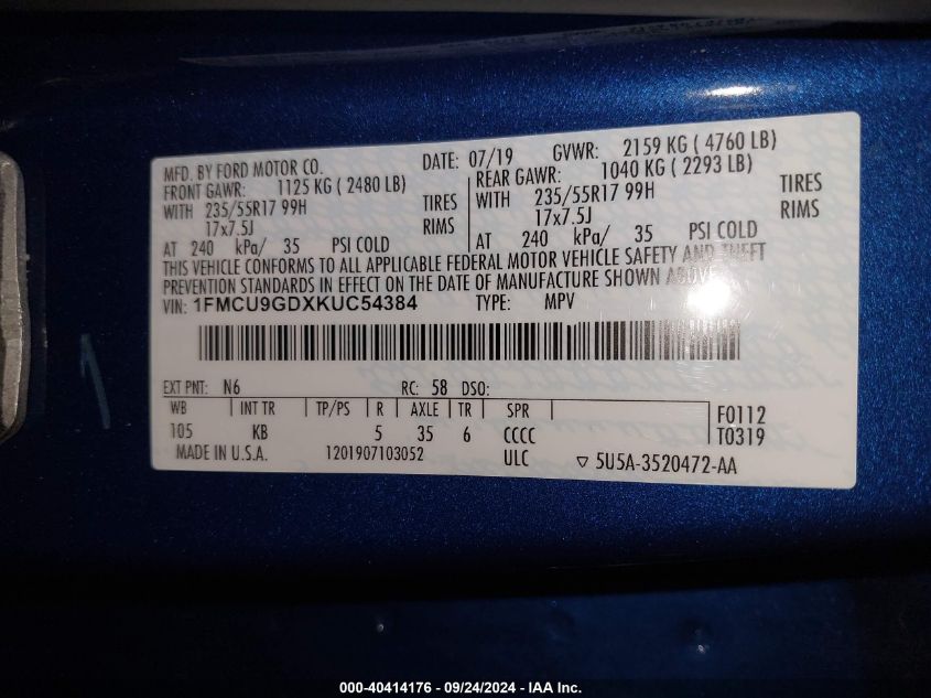 1FMCU9GDXKUC54384 2019 Ford Escape Se