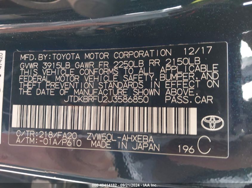 2018 Toyota Prius Two VIN: JTDKBRFU2J3586850 Lot: 40414182