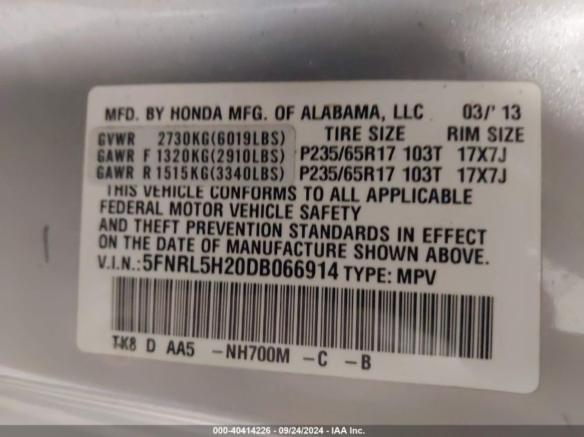 2013 Honda Odyssey Lx VIN: 5FNRL5H20DB066914 Lot: 40414226