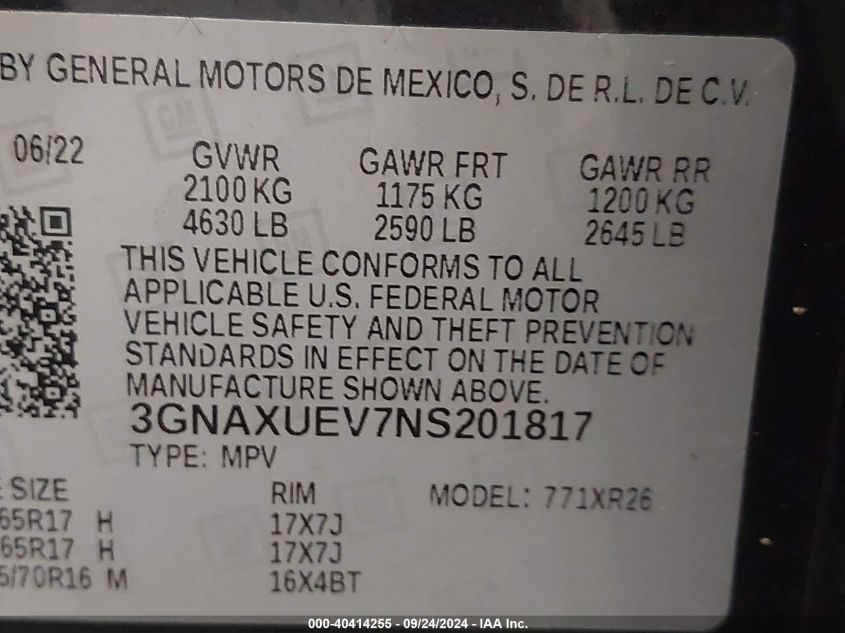 3GNAXUEV7NS201817 2022 Chevrolet Equinox Awd Lt