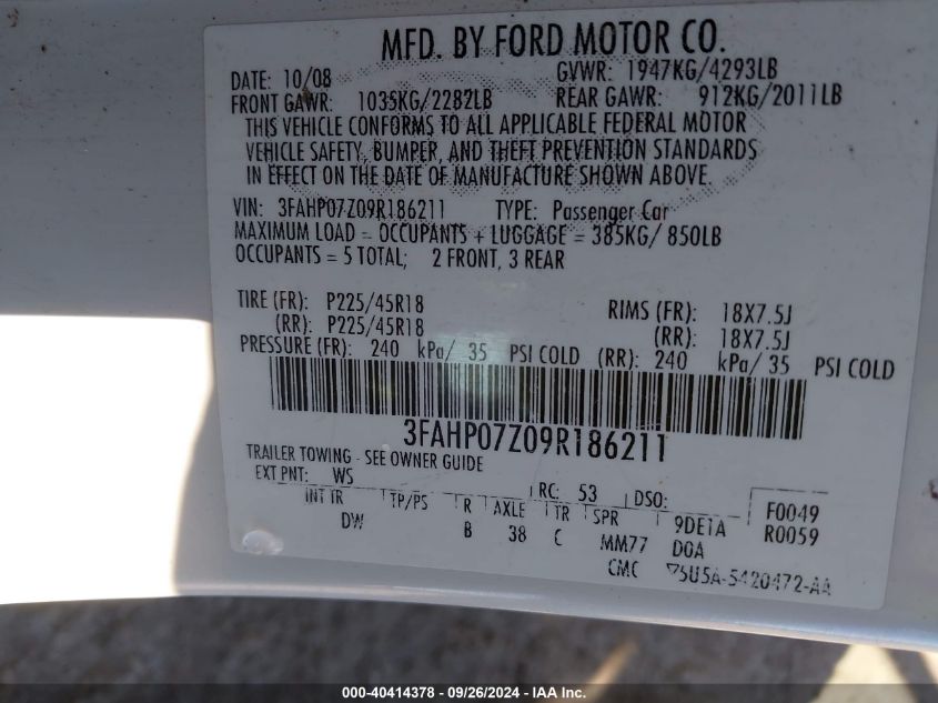 2009 Ford Fusion Se VIN: 3FAHP07Z09R186211 Lot: 40414378