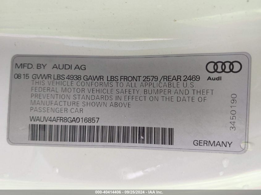 2016 Audi S5 3.0T Premium Plus VIN: WAUV4AFR8GA016857 Lot: 40414406