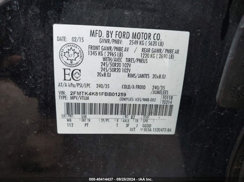 2FMTK4K81FBB01259 2015 Ford Edge Titanium