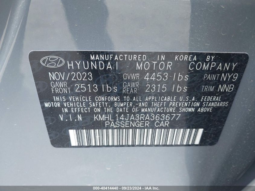 2024 Hyundai Sonata Sel VIN: KMHL14JA3RA363677 Lot: 40414440