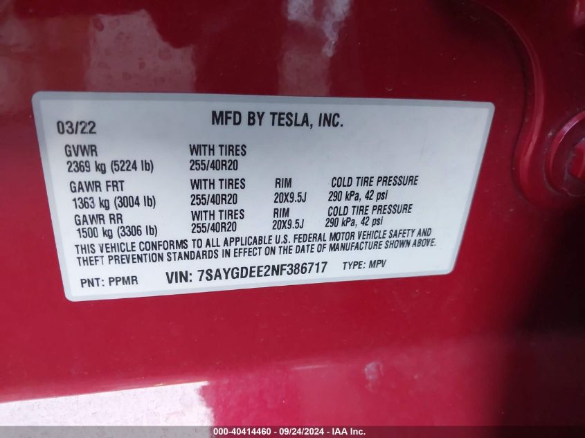 7SAYGDEE2NF386717 2022 Tesla Model Y