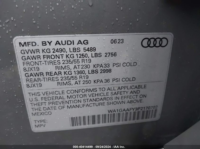 2023 Audi Q5 Premium 45 VIN: WA1GAAFY3P2170702 Lot: 40414499