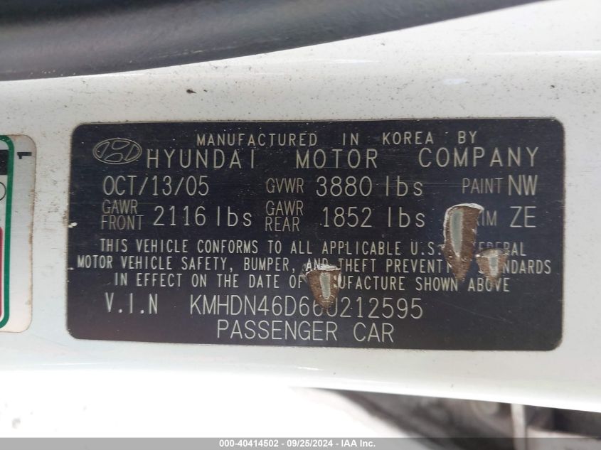 2006 Hyundai Elantra Gls/Limited VIN: KMHDN46D66U212595 Lot: 40414502