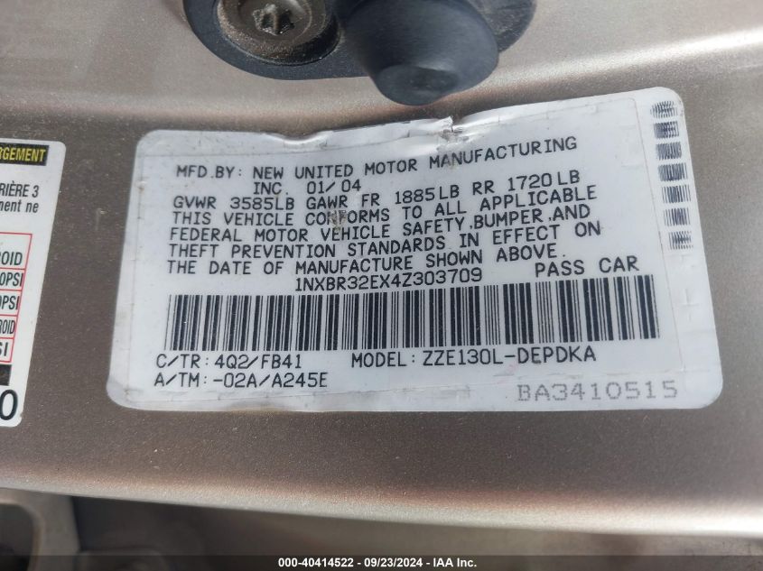 2004 Toyota Corolla Ce VIN: 1NXBR32EX4Z303709 Lot: 40414522