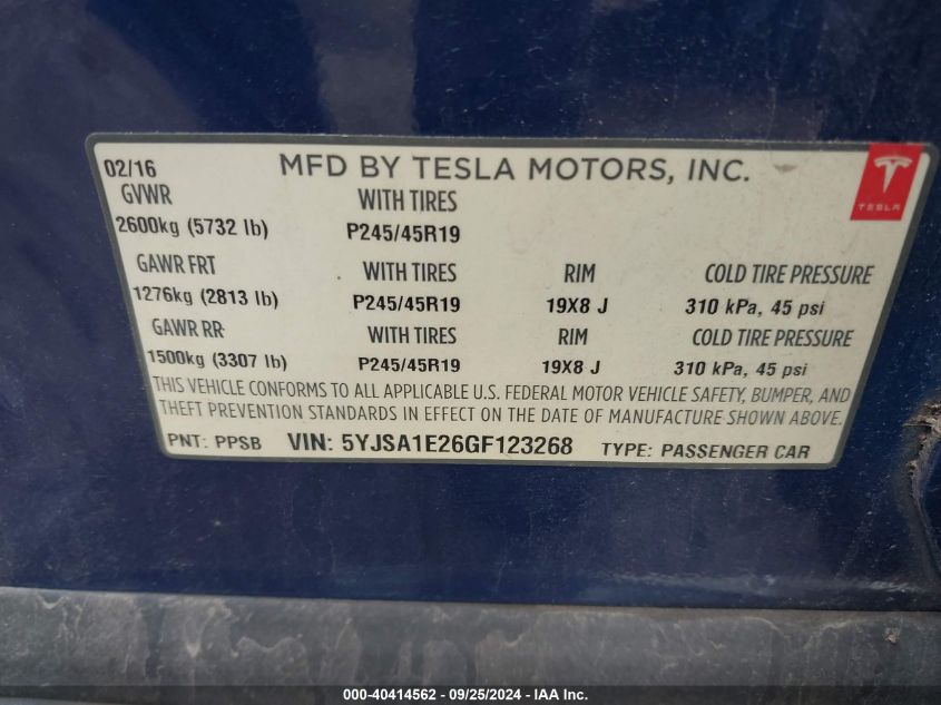 2016 Tesla Model S 60D/70D/75D/85D/90D VIN: 5YJSA1E26GF123268 Lot: 40414562