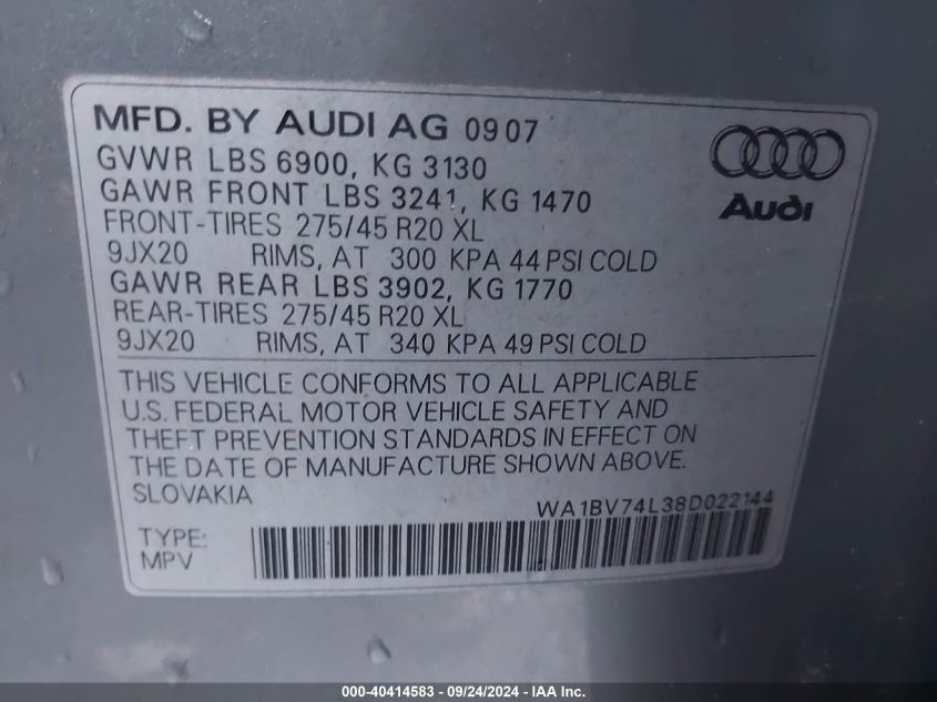 WA1BV74L38D022144 2008 Audi Q7 4.2 Premium