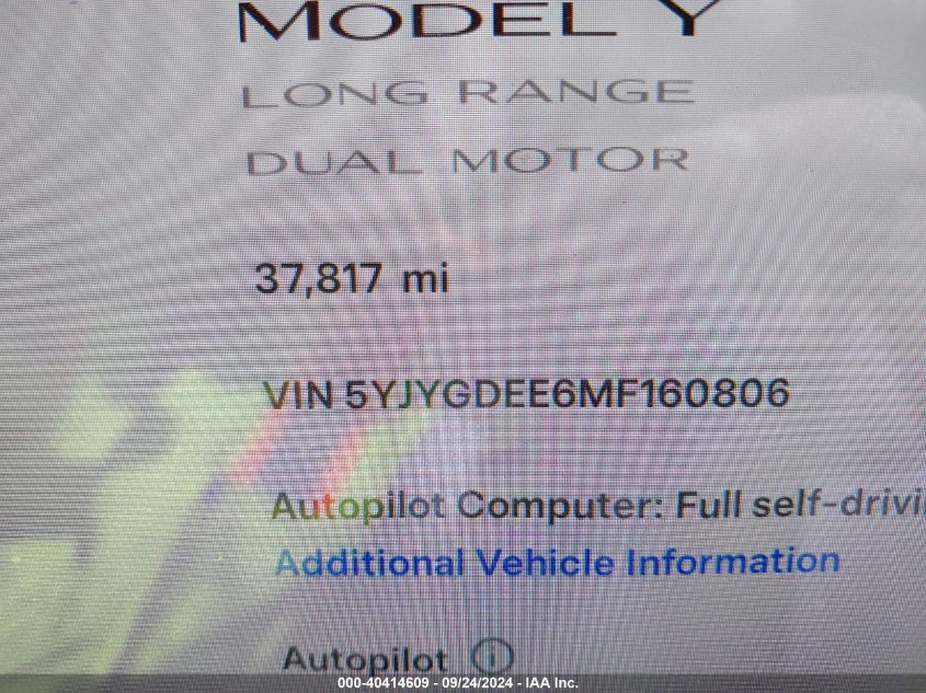 2021 Tesla Model Y Long Range Dual Motor All-Wheel Drive VIN: 5YJYGDEE6MF160806 Lot: 40414609