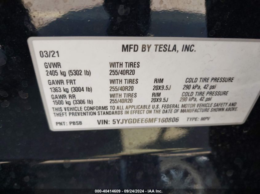 2021 Tesla Model Y Long Range Dual Motor All-Wheel Drive VIN: 5YJYGDEE6MF160806 Lot: 40414609