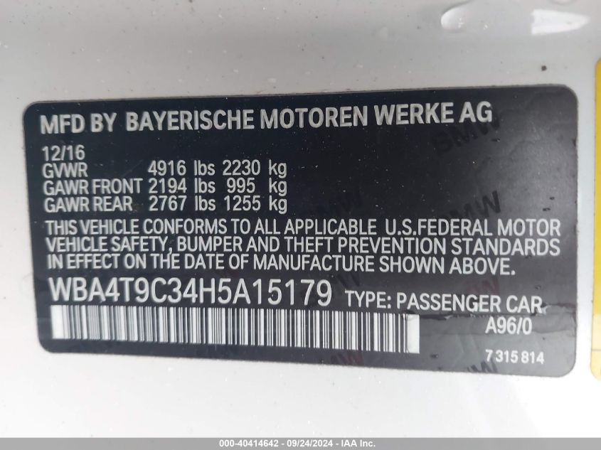 2017 BMW 440I VIN: WBA4T9C34H5A15179 Lot: 40414642