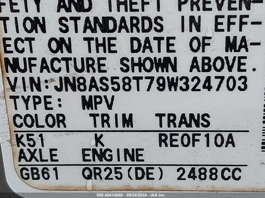 2009 Nissan Rogue S VIN: JN8AS58T79W324703 Lot: 40414650