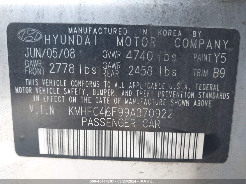 KMHFC46F99A370922 2009 Hyundai Azera Limited