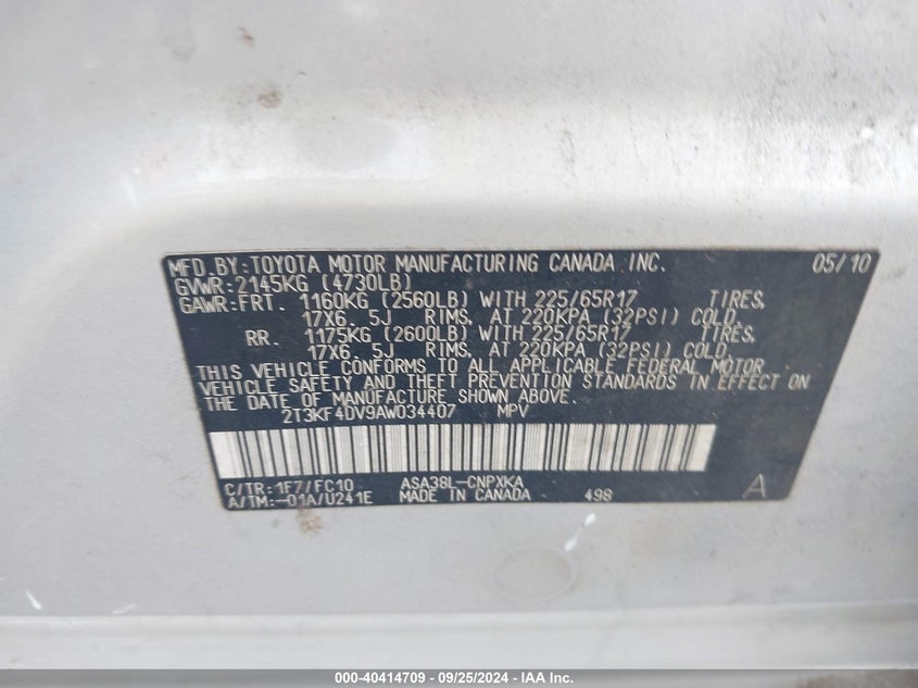 2T3KF4DV9AW034407 2010 Toyota Rav4