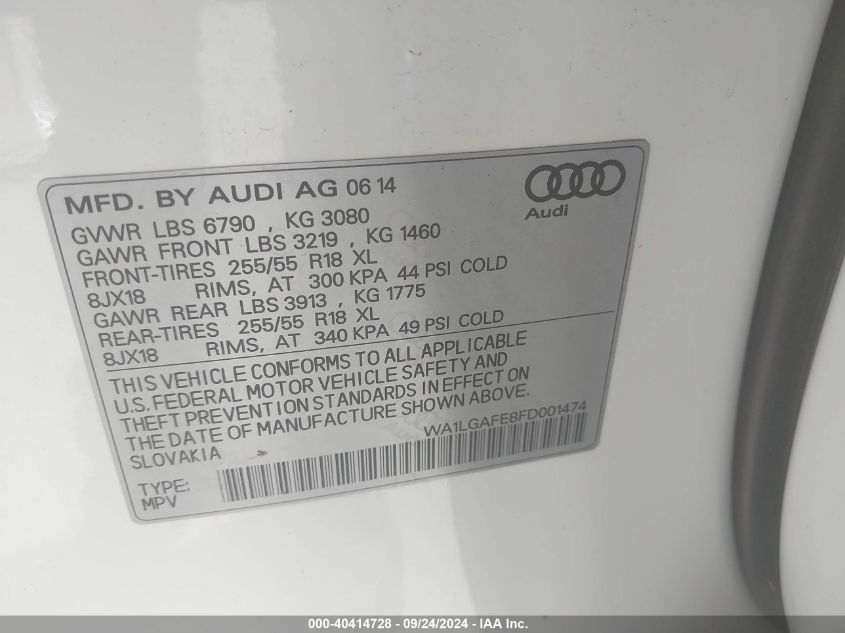 2015 Audi Q7 Premium Plus VIN: WA1LGAFE8FD001474 Lot: 40414728