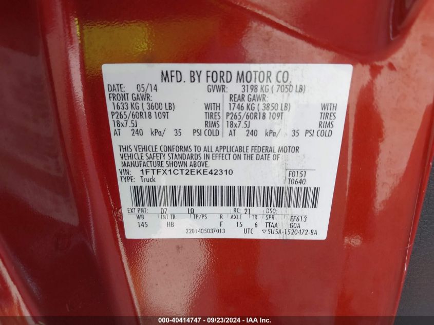 2014 Ford F-150 Lariat VIN: 1FTFX1CT2EKE42310 Lot: 40414747