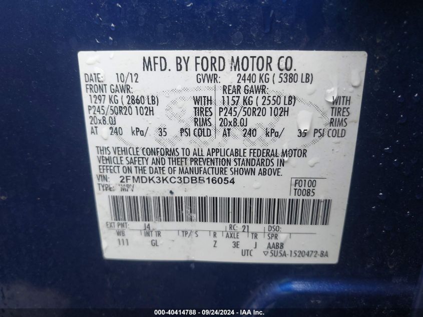 2013 Ford Edge Limited VIN: 2FMDK3KC3DBB16054 Lot: 40414788