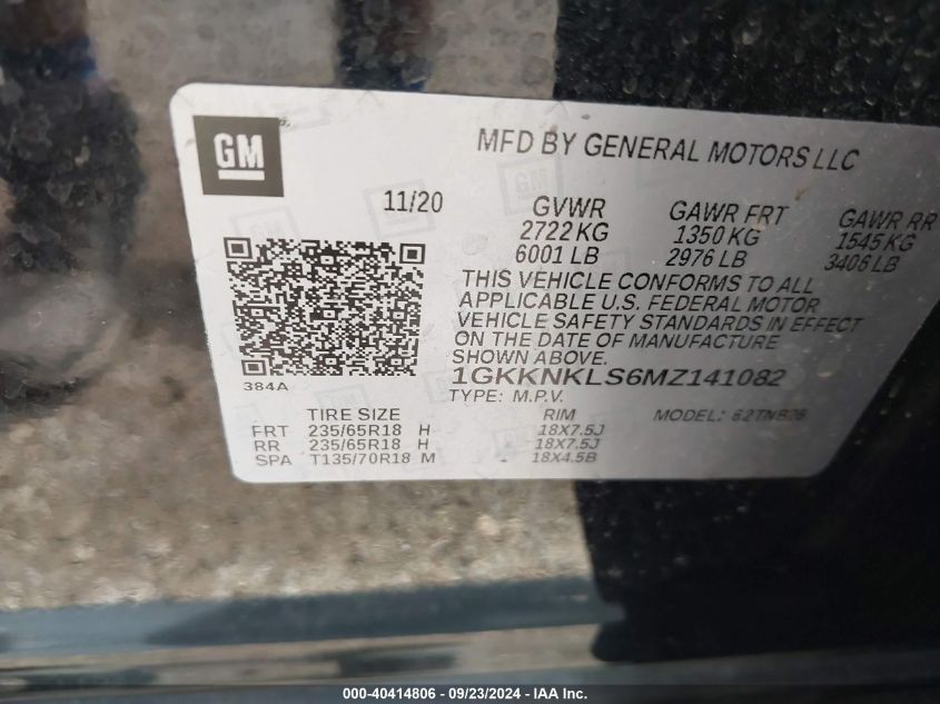 1GKKNKLS6MZ141082 2021 GMC Acadia Fwd Sle