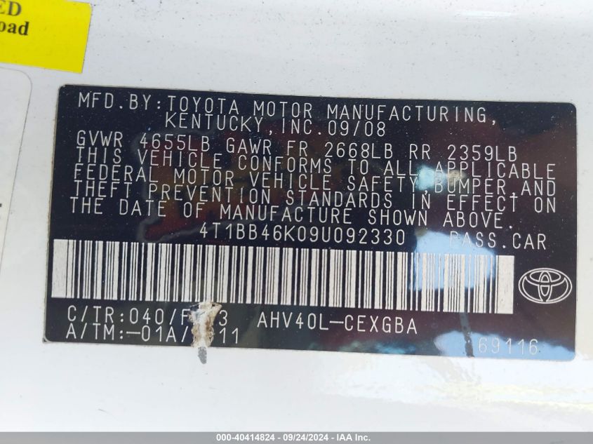 2009 Toyota Camry Hybrid VIN: 4T1BB46K09U092330 Lot: 40414824