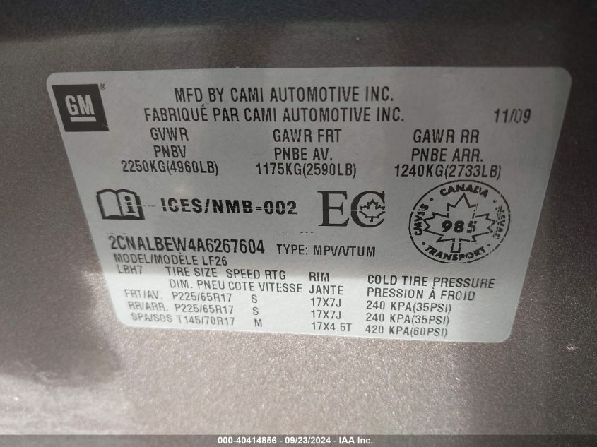 2CNALBEW4A6267604 2010 Chevrolet Equinox Ls