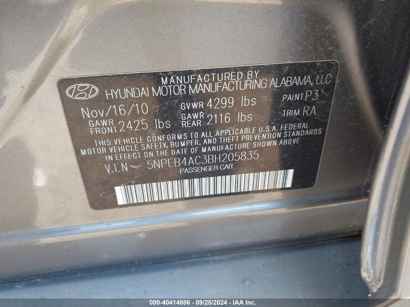 5NPEB4AC3BH205835 2011 Hyundai Sonata Gls