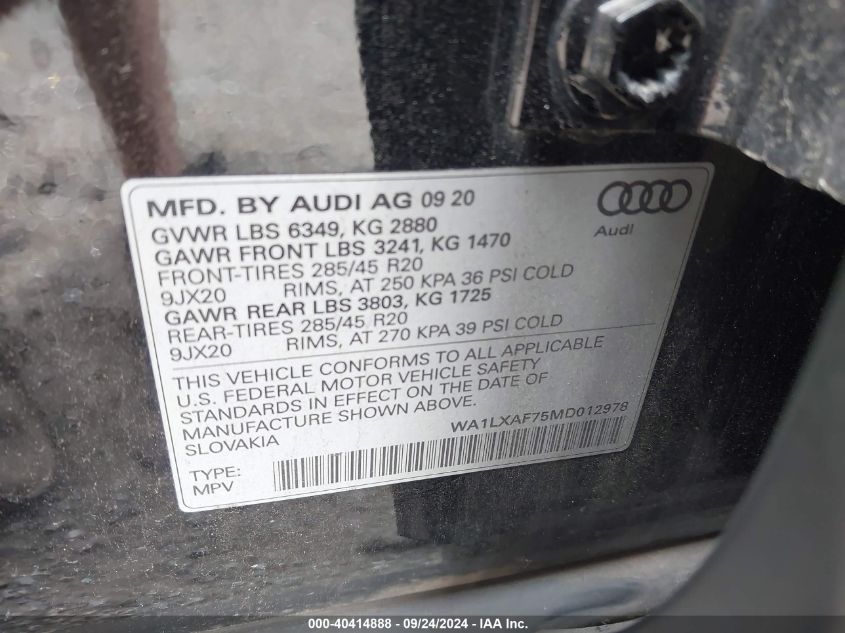 2021 Audi Q7 Premium Plus VIN: WA1LXAF75MD012978 Lot: 40414888