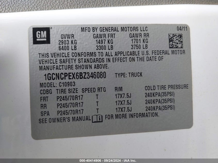 1GCNCPEX6BZ346080 2011 Chevrolet Silverado 1500 Work Truck