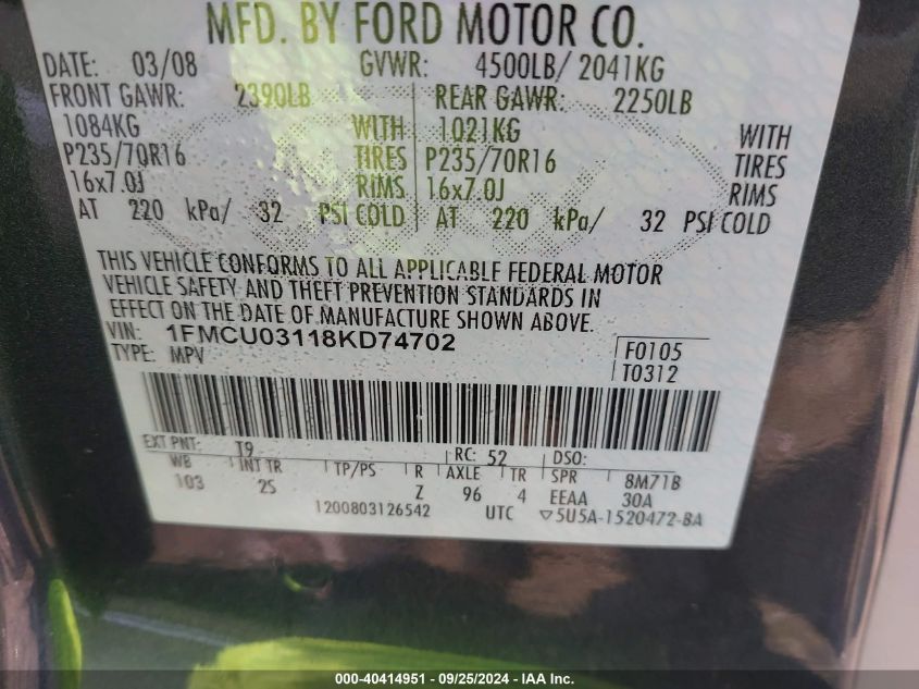 1FMCU03118KD74702 2008 Ford Escape Xlt