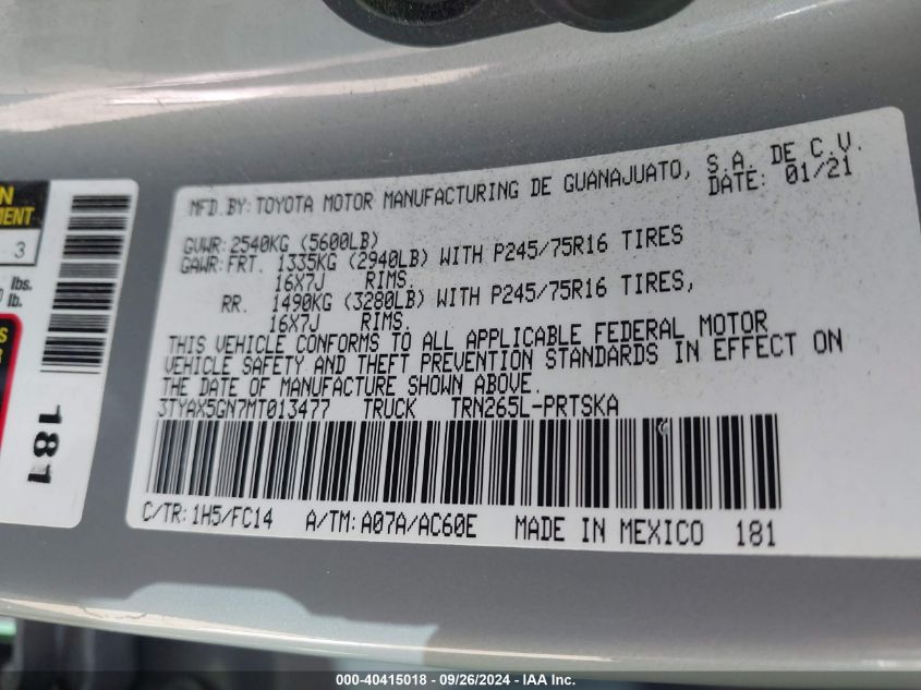 2021 Toyota Tacoma Sr5 VIN: 3TYAX5GN7MT013477 Lot: 40415018