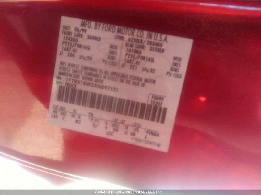 1999 Ford F-150 VIN: 1FTRX18W3XNB97521 Lot: 40415049