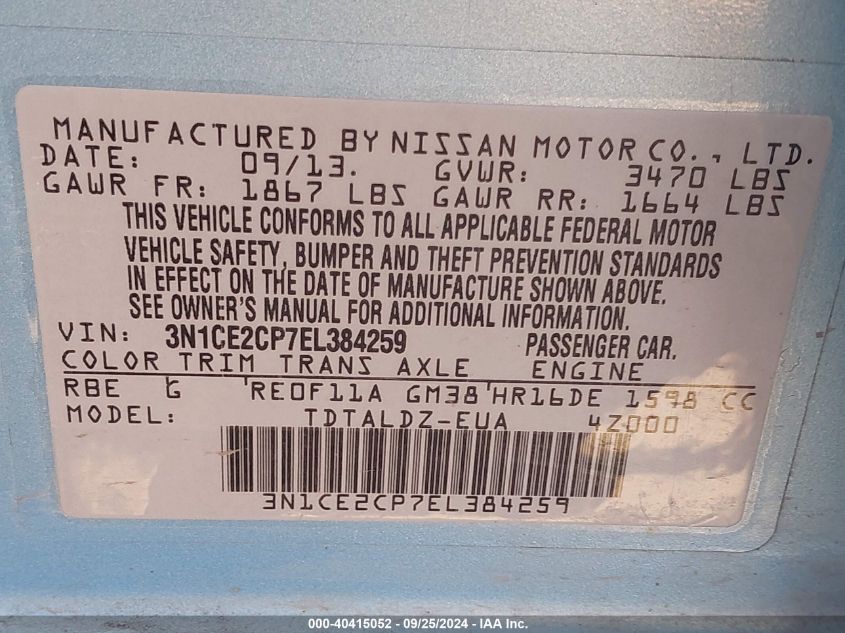 2014 Nissan Versa Note Sv VIN: 3N1CE2CP7EL384259 Lot: 40415052