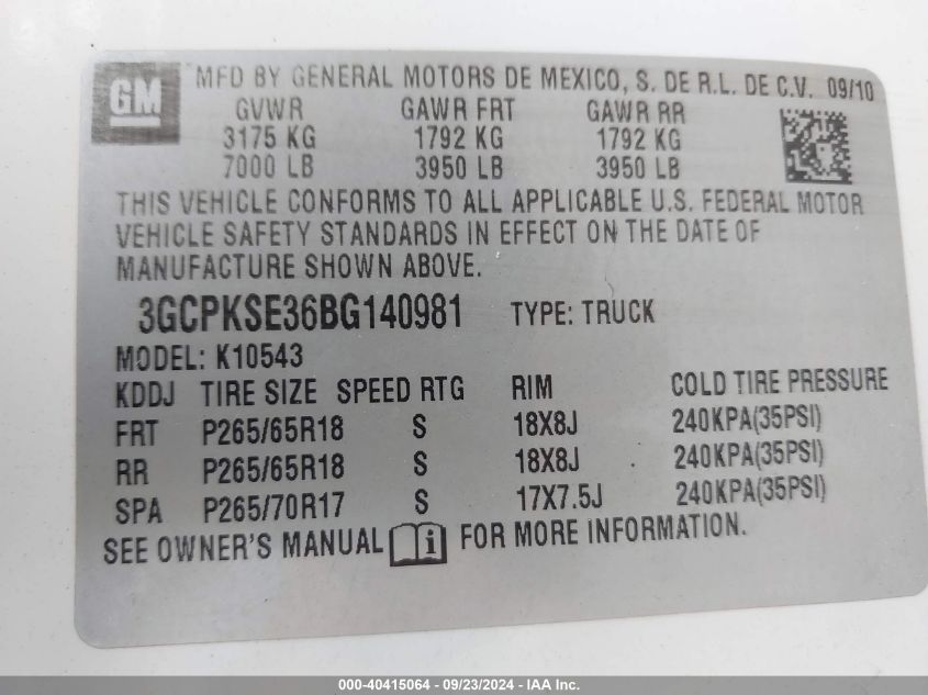 2011 Chevrolet Silverado 1500 Lt VIN: 3GCPKSE36BG140981 Lot: 40415064