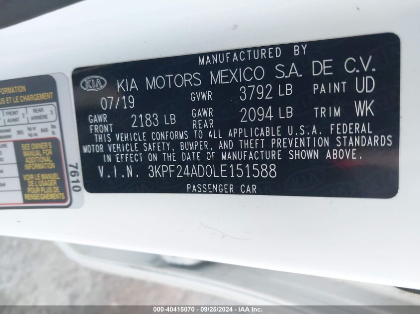 2020 Kia Forte Lxs VIN: 3KPF24AD0LE151588 Lot: 40415070