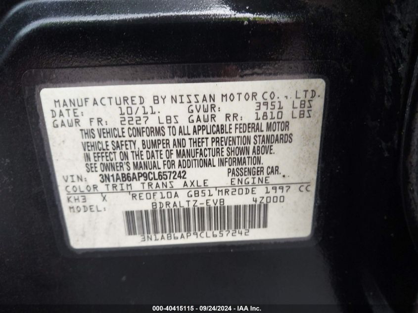 3N1AB6AP9CL657242 2012 Nissan Sentra 2.0 Sr