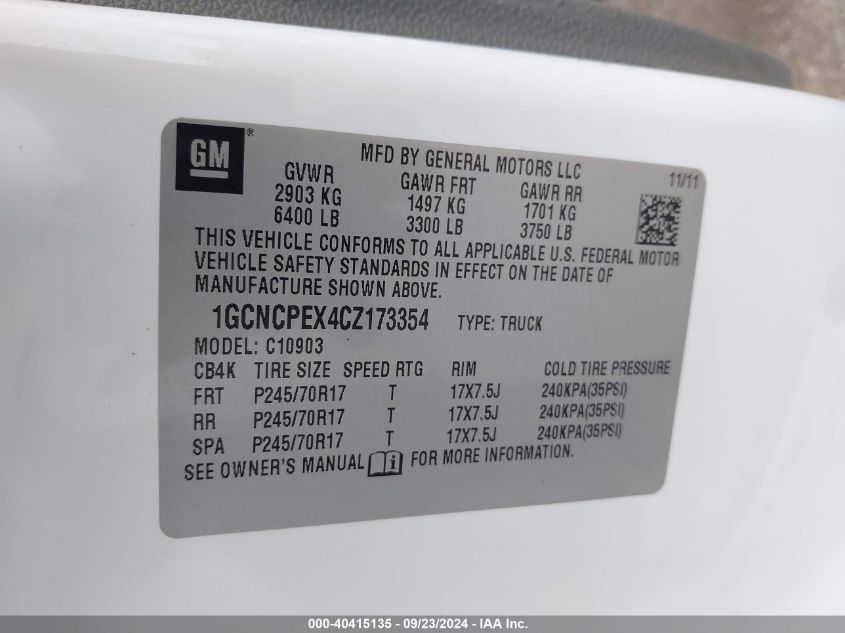 2012 Chevrolet Silverado 1500 Work Truck VIN: 1GCNCPEX4CZ173354 Lot: 40415135