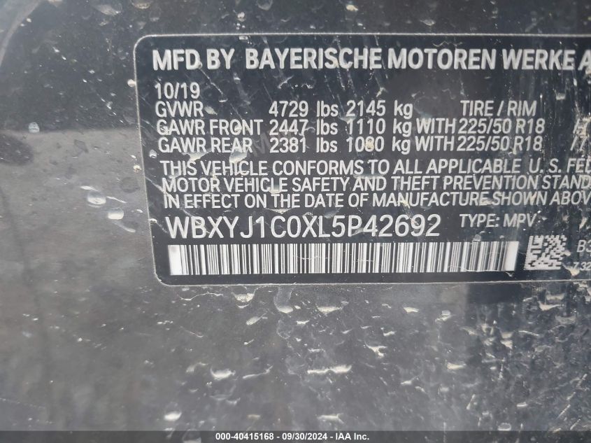 2020 BMW X2 xDrive28I VIN: WBXYJ1C0XL5P42692 Lot: 40415168