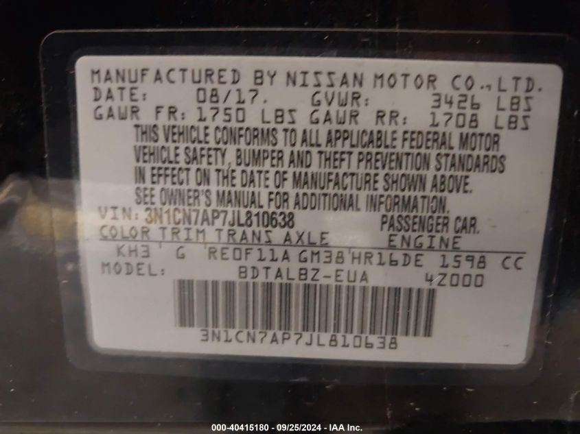 3N1CN7AP7JL810638 2018 Nissan Versa 1.6 Sv