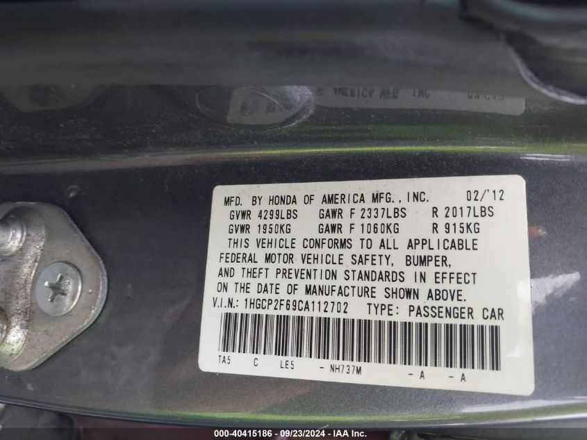 1HGCP2F69CA112702 2012 Honda Accord 2.4 Se