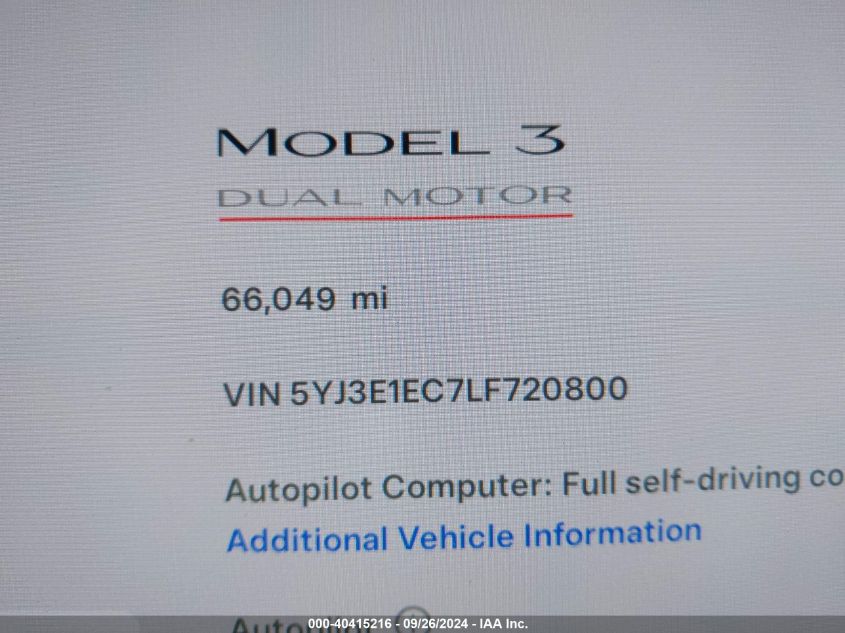 2020 Tesla Model 3 Performance Dual Motor All-Wheel Drive VIN: 5YJ3E1EC7LF720800 Lot: 40415216