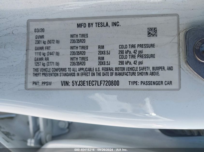 2020 Tesla Model 3 Performance Dual Motor All-Wheel Drive VIN: 5YJ3E1EC7LF720800 Lot: 40415216