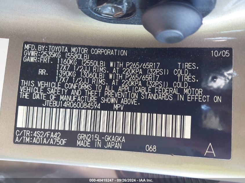 2006 Toyota 4Runner Sr5 V6 VIN: JTEBU14R060084594 Lot: 40415247