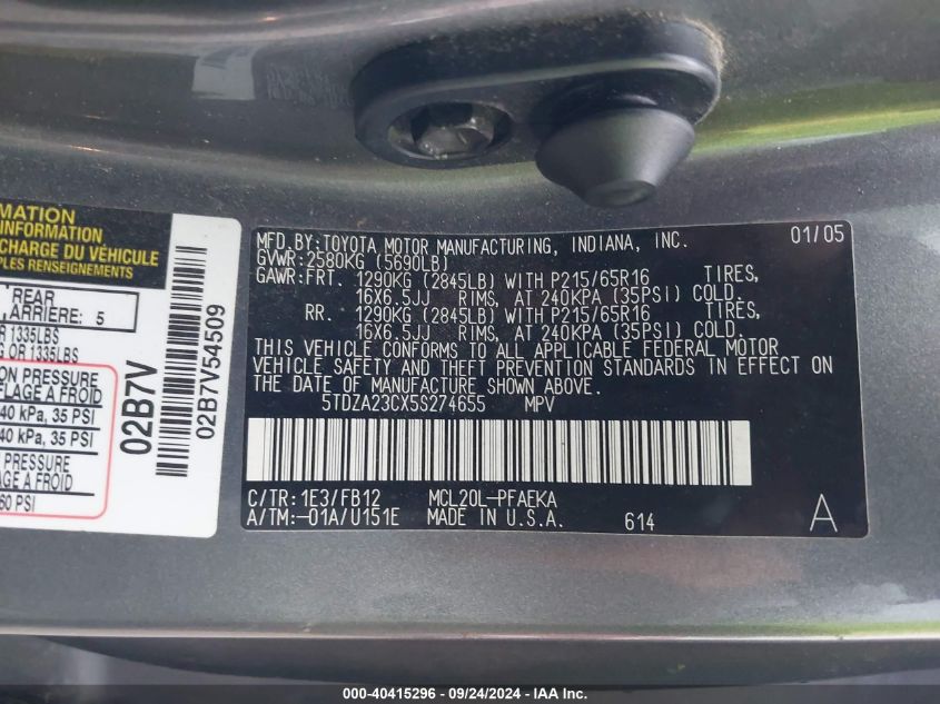 5TDZA23CX5S274655 2005 Toyota Sienna Le