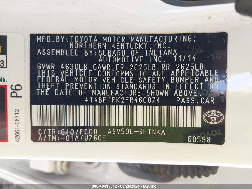 4T4BF1FK2FR460074 2015 Toyota Camry Le